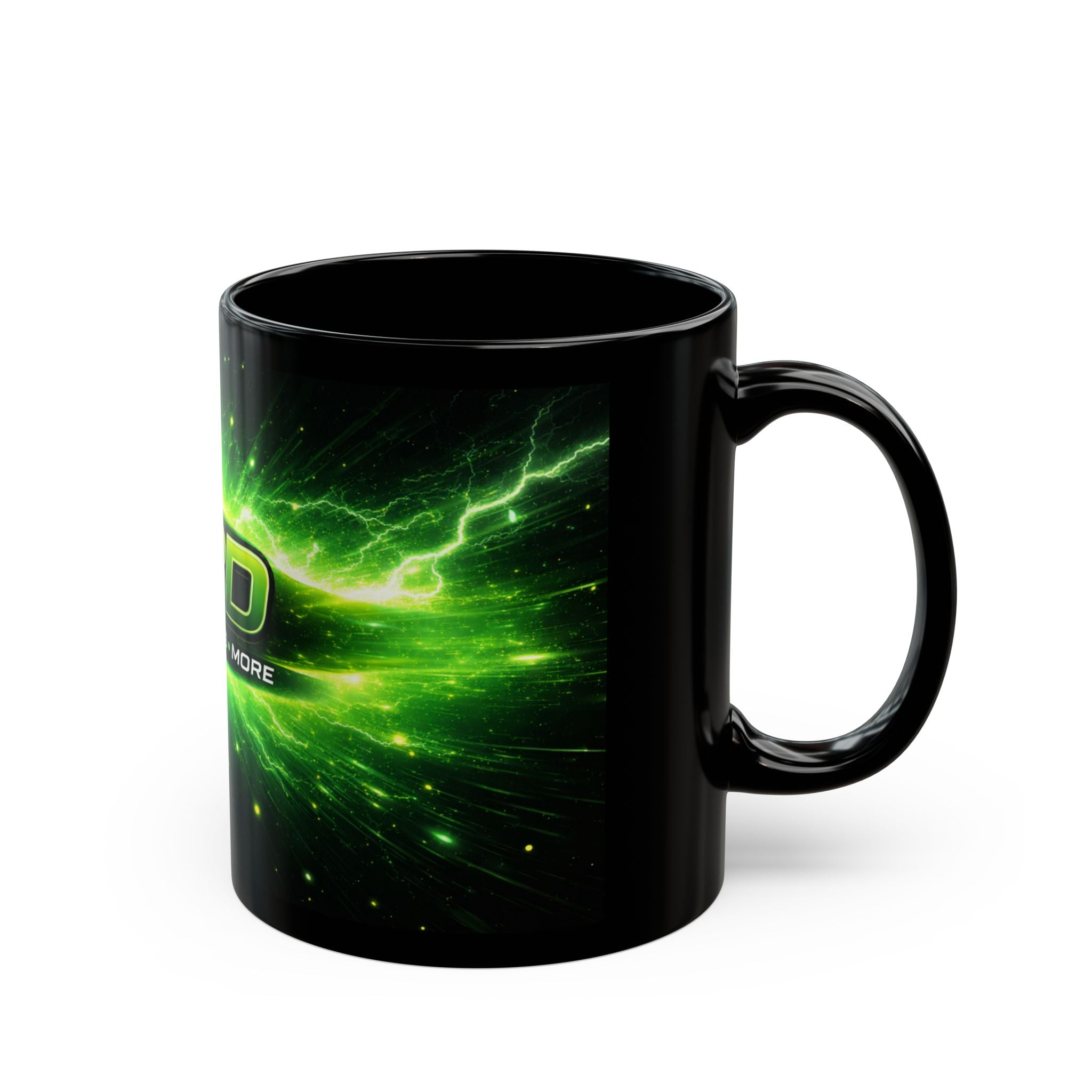 CV-3D Logo Black Mug – Neon Green Space Design (11oz & 15oz)